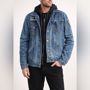 Vintage Y2K True Religion Distressed Denim Trucker Jacket XXL Hawks Varsity